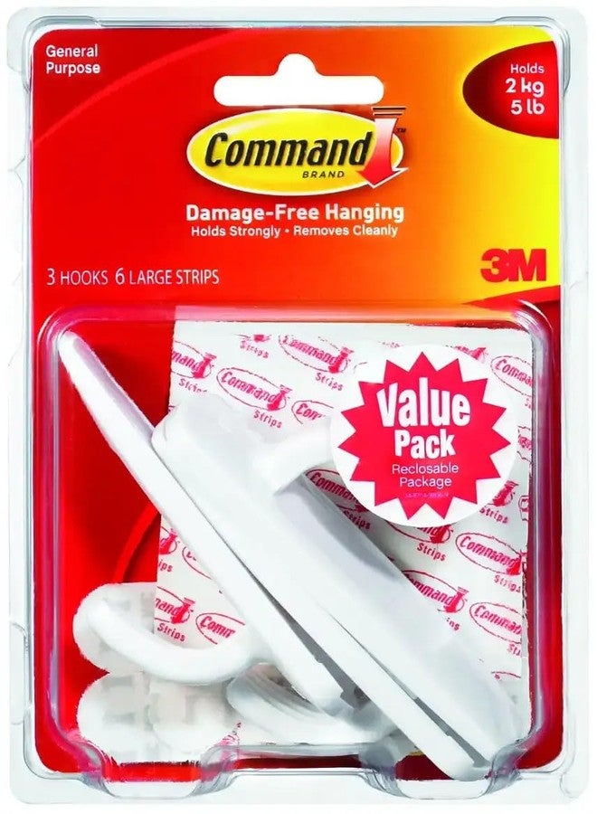 Command 3M Command Large Wall Hooks, holds 2kg, No Paint Damage, Heavy Duty, Holds Strongly, Reusable, Adhesive hooks for wall, Multi-surface (White, 3 hooks, 6 strips) - Image 1